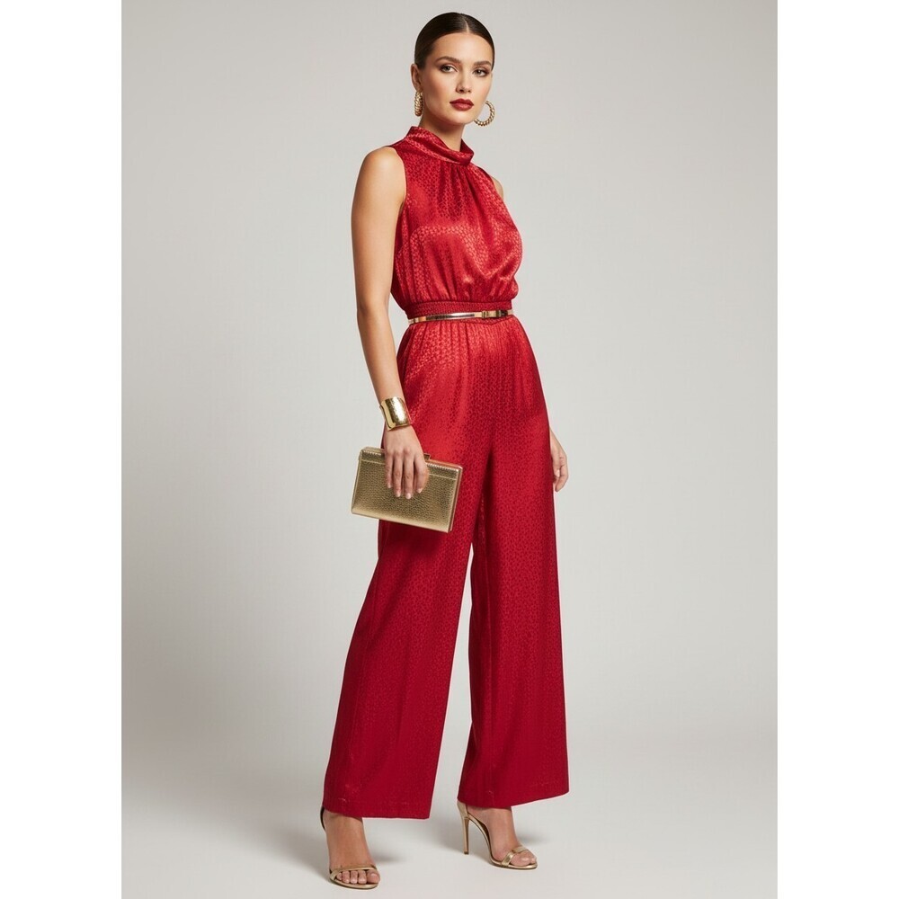 White House Black Market NWT Red Wide Leg Jumpsuit Twist Knot Neck Animal Print - Picture 1 of 15